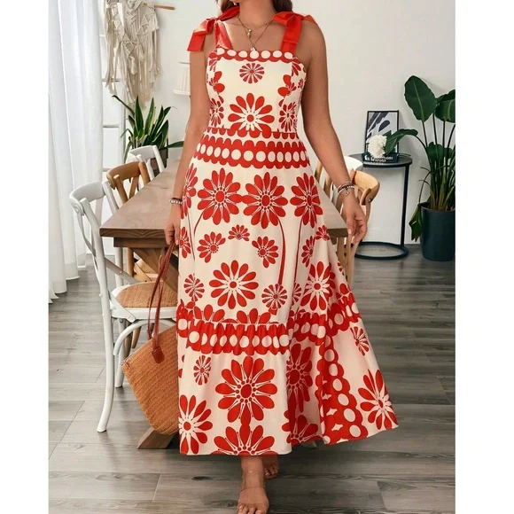 Plus Floral Print Shirred Bodice High Waisted Shoulder Tie Maxi Dress - Picture 1 of 6